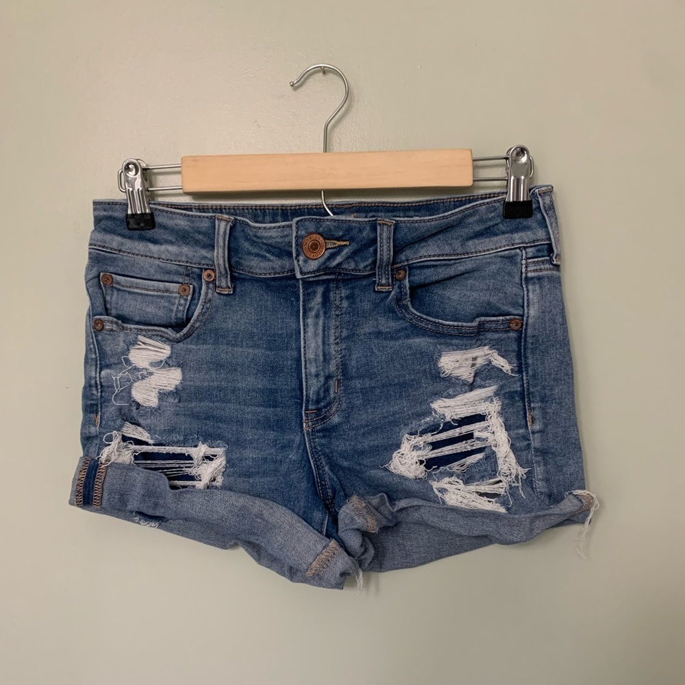 American Eagle — midi next level stretch distressed shorts